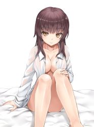 Rule 34 | 1girl, bed sheet, blunt bangs, breasts, brown eyes, brown hair, cleavage, collarbone, dress shirt, hair over shoulder, knees together feet apart, knees up, large breasts, light smile, long hair, looking at viewer, murata taichi, naked shirt, no bra, open clothes, open shirt, original, see-through, shiny skin, shirt, sidelocks, sitting, solo