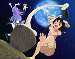 Rule 34 | 2girls, 3735geriragouki, animal ears, bare arms, bare legs, barefoot, black hair, brown eyes, carrot, carrot necklace, clothing cutout, dress, dutch angle, earth (planet), fisheye, floppy ears, food, foot up, from below, highres, holding, holding mallet, inaba tewi, injury, jacket, jewelry, jumping, kine, long hair, long sleeves, mallet, medium hair, mochi, mochitsuki, moon, mortar (bowl), multiple girls, necklace, open mouth, pain, pendant, pink dress, planet, purple hair, rabbit ears, rabbit girl, rabbit tail, reisen udongein inaba, short sleeves, skirt, sky, smile, soles, standing, standing on one leg, star (sky), starry sky, tail, tail through clothes, toes, touhou, v-shaped eyebrows, very long hair