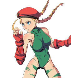 Rule 34 | 1girl, beret, blonde hair, blue eyes, braid, breasts, cammy white, camouflage, capcom, commentary request, covered navel, fingerless gloves, gloves, green leotard, groin, hat, highres, leotard, long hair, o sho, simple background, solo, street fighter, street fighter ii (series), twin braids, white background