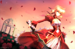 Rule 34 | 10s, 1girl, blonde hair, breasts, cleavage, dress, epaulettes, fate/extra, fate (series), flower, gazebo, green eyes, highres, holding, holding sword, holding weapon, looking at viewer, nero claudius (fate), nero claudius (fate) (all), nero claudius (fate/extra), petals, pink sky, red dress, rose, signature, sky, solo, standing, sword, weapon, yuitsuki1206