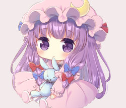 Rule 34 | 1girl, :&lt;, blue bow, blunt bangs, blush, bow, chibi, closed mouth, crescent, dress, expressionless, frilled sleeves, frills, hair bow, hat, kagome f, layered sleeves, long hair, looking at viewer, mob cap, patchouli knowledge, pink dress, pink hat, red bow, sitting, solo, straight hair, stuffed animal, stuffed rabbit, stuffed toy, tareme, touhou