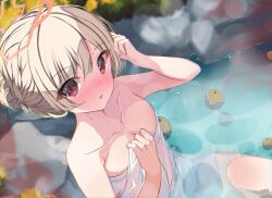 Rule 34 | 1girl, blonde hair, blue archive, blush, breasts, collarbone, food, fruit, halo, highres, looking at viewer, naked towel, nodoka (blue archive), nodoka (hot spring) (blue archive), onsen, open mouth, orange halo, partially submerged, paru 364364, red eyes, short hair, small breasts, solo, towel, water, white towel, yuzu (fruit), yuzu bath