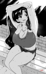 Rule 34 | 1girl, blush, breasts, dolphin shorts, greyscale, hand up, huge breasts, jewelry, large breasts, long hair, monochrome, necklace, open mouth, original, ryusei hashida, shirt, shorts, signature, sitting, solo, towel, towel around neck, wet, wet clothes, wet shirt