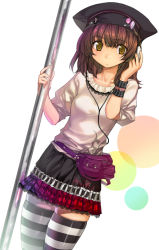 Rule 34 | brown hair, hat, headphones, miniskirt, onono imoko, original, pole, pouch, short hair, skindentation, skirt, solo, striped clothes, striped thighhighs, thighhighs, wristband, yellow eyes, zettai ryouiki