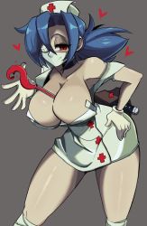 Rule 34 | 1girl, bent over, between breasts, blue hair, breasts, choker, cleavage, contrapposto, cowboy shot, eyepatch, gloves, grey background, hand on own hip, hat, heart, large breasts, latex, latex gloves, leg wrap, mask, mouth mask, nurse, nurse cap, ponytail, red eyes, skullgirls, smile, solo, surgical mask, thermometer, valentine (skullgirls), yoshiikirablr