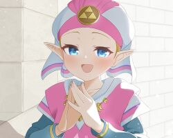 Rule 34 | 1girl, absurdres, blonde hair, blue eyes, brick wall, commentary request, dot nose, dress, eyelashes, headdress, highres, ikonaska, jewelry, looking at viewer, nintendo, open mouth, own hands together, pointy ears, princess zelda, smile, solo, the legend of zelda, the legend of zelda: ocarina of time, upper body, white dress