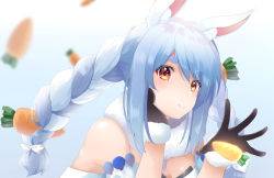 Rule 34 | 1girl, animal ear fluff, animal ears, bare shoulders, black gloves, blue hair, bow, braid, breasts, carrot, carrot hair ornament, cleavage, closed mouth, enatsu, eyebrows, floating, floating object, food-themed hair ornament, gloves, hair bow, hair ornament, hand on own chin, highres, hololive, long braid, long hair, looking at viewer, orange eyes, rabbit ears, rabbit girl, small breasts, solo, twin braids, usada pekora, usada pekora (1st costume), virtual youtuber