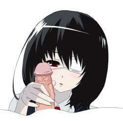 Rule 34 | 10s, 1boy, 1girl, another, bad id, bad pixiv id, black hair, blush, commentary request, eyepatch, handjob, hetero, misaki mei, mozu (ntr), parted lips, penis, pov, red eyes, school uniform, short hair, simple background, uncensored, white background