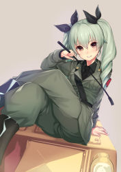 Rule 34 | 10s, 1girl, anchovy (girls und panzer), aqua hair, arm at side, arm support, armband, beige background, black necktie, black ribbon, black shirt, blouse, boots, breasts, brown footwear, collared shirt, crossed legs, drill hair, girls und panzer, green jacket, green pants, hair ribbon, highres, jacket, kagematsuri, knee boots, long hair, long sleeves, looking at viewer, military, military uniform, military vehicle, motor vehicle, necktie, on vehicle, pants, pants tucked in, parted lips, red eyes, ribbon, riding crop, shirt, shoulder belt, simple background, small breasts, smile, solo, tank, teeth, twin drills, twintails, uniform, wing collar