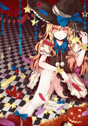 Rule 34 | 1girl, absurdres, adapted costume, adjusting clothes, adjusting headwear, apron, blank eyes, blonde hair, bow, braid, broom, candy, checkered floor, chess piece, dead blue, dead line, feathers, food, halloween, hat, hat bow, highres, jack-o&#039;-lantern, kirisame marisa, looking at viewer, md5 mismatch, on floor, puffy short sleeves, puffy sleeves, resolution mismatch, shoes, short sleeves, single braid, sitting, skirt, smile, solo, source smaller, star (symbol), thighhighs, touhou, waist apron, white thighhighs, witch hat, wrist cuffs, yellow eyes