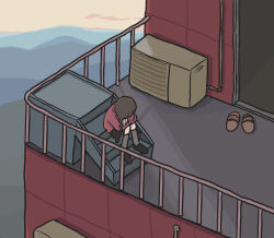Rule 34 | 1girl, arms on knees, balcony, black footwear, black skirt, braid, brown hair, commentary request, condenser unit, crossed arms, from above, fucca, grey socks, head down, highres, kneehighs, knees up, long hair, long sleeves, madotsuki, outdoors, pink sweater, railing, shoes, sitting, sitting on stairs, skirt, slippers, unworn slippers, socks, solo, stairs, sweater, wide shot, yume nikki