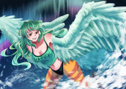 Rule 34 | 1girl, absurdres, artist name, aurora, bare shoulders, breasts, cleavage, clothes writing, feathered wings, feathers, green hair, harpy, highres, large breasts, long hair, midriff, monet (one piece), monster girl, navel, noahzark12, one piece, pantyhose, snow, solo, striped clothes, striped pantyhose, tank top, wavy hair, white feathers, white wings, winged arms, wings, yellow eyes