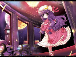 Rule 34 | 1girl, adapted costume, alternate eye color, bow, brown hair, cloak, clock, crescent moon, dress, female focus, frilled dress, frills, hair bow, hair ribbon, highres, indoors, kneehighs, letterboxed, long hair, looking at viewer, looking back, moon, night, night sky, patchouli knowledge, petticoat, purple hair, ribbon, short dress, sky, socks, solo, touhou, tower, tress ribbon, walking, wallpaper, white socks, window