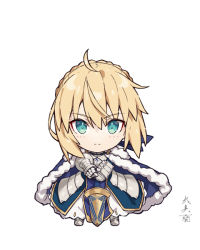 Rule 34 | 1girl, ahoge, armor, armored boots, artoria pendragon (all), artoria pendragon (fate), blue cape, blue dress, blush, boots, braid, cape, chibi, closed mouth, dress, fate/grand order, fate (series), fur-trimmed cape, fur trim, gabiran, gauntlets, green eyes, medium hair, royal robe, saber (fate), simple background, solo, standing, sword, translated, weapon, white background