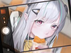 Rule 34 | 1girl, admi (nikke), ahoge, bag, black skirt, bow, bowtie, camera, collared shirt, eating, food, goddess of victory: nikke, green hair, grey sweater, hair ornament, hairclip, hash browns, highres, holding, holding food, jacket, light blush, long sleeves, medium hair, multicolored hair, open clothes, open jacket, pink eyes, pleated skirt, pocky, school uniform, shirt, skirt, sleeves past wrists, solo, streaked hair, sweater, vinsentyu, white hair, white jacket, white shirt, yellow bow, yellow bowtie