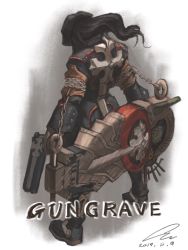 Rule 34 | 1boy, black hair, boots, chain, character request, dated, gloves, gun, gungrave, handgun, hat, highres, holding, holding gun, holding weapon, long hair, looking away, male focus, oz (gerbera7), pistol, signature, simple background, solo, weapon, white background