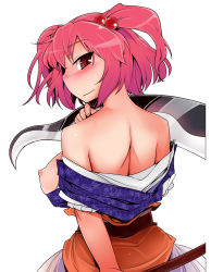 Rule 34 | 1girl, back, bare back, bare shoulders, blush, breasts, female focus, from behind, hair bobbles, hair ornament, highres, large breasts, looking back, nipples, off shoulder, onozuka komachi, red eyes, red hair, scythe, short hair, simple background, solo, touhou, twintails, two side up, upper body, yassy