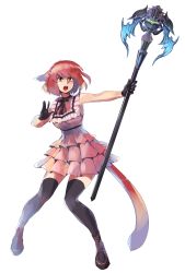 Rule 34 | 1girl, animal ears, ankle boots, warrior of light (ff14), azuumori, bare shoulders, black gloves, black thighhighs, boots, braid, brown footwear, cat ears, cat tail, dress, fighting stance, final fantasy, final fantasy xiv, french braid, full body, gloves, green eyes, highres, holding, holding staff, layered dress, looking at viewer, medium hair, miqo&#039;te, open mouth, pink dress, red hair, simple background, solo, staff, tail, thighhighs, white background