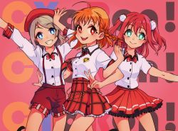 Rule 34 | 10s, 3girls, :d, ahoge, beret, blue eyes, bow, bowtie, braid, clenched hand, collared shirt, cyaron! (love live!), girl sandwich, green eyes, grey hair, grin, group name, hat, kurosawa ruby, locked arms, long sleeves, looking at viewer, love live!, love live! sunshine!!, multiple girls, nail polish, necktie, open mouth, orange hair, plaid, plaid necktie, plaid neckwear, plaid skirt, red eyes, red hair, sandwiched, shirt, short sleeves, shorts, side braid, skirt, smile, standing, suspender shorts, suspenders, takami chika, two side up, v, walliant (walnutlin), watanabe you