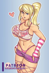 Rule 34 | 1girl, absurdres, blonde hair, blue eyes, breasts, clothes pull, fishnet thighhighs, fishnets, highres, large breasts, long hair, looking at viewer, metroid, nintendo, panties, parted lips, pink panties, ponytail, samus aran, short shorts, shorts, shorts pull, solo, thighhighs, underboob, underwear