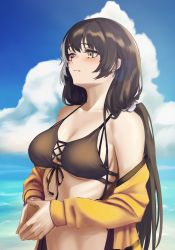Rule 34 | 1girl, 3 small spiders, absurdres, bikini, bikini top only, black bikini, black hair, clothes pull, cloud, front-tie bikini top, front-tie top, girls&#039; frontline, green eyes, hair ornament, hair scrunchie, heterochromia, highres, jacket, jacket pull, long hair, low twintails, multicolored hair, ocean, off shoulder, open clothes, open jacket, own hands together, red eyes, ro635 (girls&#039; frontline), scrunchie, streaked hair, swimsuit, twintails, upper body, white hair, yellow jacket