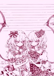 Rule 34 | 10s, 2011, 2girls, ascot, bow, brooch, dated, embellished costume, expressionless, eyelashes, female focus, flandre scarlet, frills, hair bow, holding hands, interlocked fingers, jewelry, lace, miri, miri (tobira no mukou), monochrome, multiple girls, no headwear, no headwear, no nose, puffy sleeves, remilia scarlet, short hair, short sleeves, siblings, side ponytail, signature, sisters, touhou, traditional media, wings