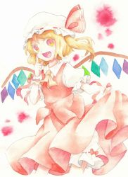 Rule 34 | 1girl, ascot, blonde hair, bloomers, clothes lift, dress, embodiment of scarlet devil, fang, female focus, flandre scarlet, hand on own face, hat, index finger raised, looking at viewer, open mouth, painting (medium), red eyes, ribbon, short hair, side ponytail, simple background, skirt, skirt lift, skirt set, smile, solo, touhou, traditional media, underwear, waka, waka (978-4), watercolor (medium), wings, wrist cuffs