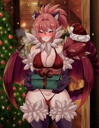 Rule 34 | 1girl, animal ear fluff, animal ears, animal hands, bat wings, bikini, blush, breasts, cameltoe, christmas, christmas ornaments, christmas tree, cleavage, cleft of venus, embarrassed, gift, hat, heart, large breasts, looking at viewer, manticore (monster girl encyclopedia), monster girl, monster girl encyclopedia, monster girl encyclopedia ii, noiretox, pink hair, pov, red eyes, ribbon, santa hat, solo, swimsuit, tail, thighs, underboob, wings