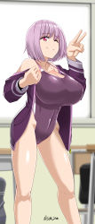 Rule 34 | 1girl, absurdres, bag, blurry, breasts, classroom, cleavage, competition swimsuit, covered erect nipples, depth of field, gridman universe, highres, hip bones, large breasts, light purple hair, looking at viewer, off shoulder, one-piece swimsuit, one eye closed, pink eyes, purple hair, saizu nitou gunsou, school bag, shinjou akane, short hair, smile, solo, ssss.gridman, standing, strap gap, swimsuit, twitter username, v, window