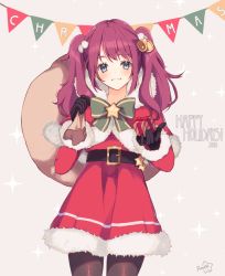Rule 34 | 1girl, bell, belt, black gloves, black pantyhose, blue eyes, blush, bow, box, capelet, christmas, cowboy shot, fur trim, gift, gift box, gloves, green bow, hair bell, hair ornament, happy holidays, highres, long hair, original, pantyhose, peachy michi, purple hair, sack, santa costume, signature, simple background, smile, solo, standing, twintails