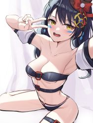Rule 34 | 1girl, :d, absurdres, armpits, arms up, bare shoulders, belt, belt bra, bikini, black bikini, black hair, breasts, cleavage, collarbone, detached sleeves, elsword, eve (elsword), facial mark, hair ornament, hat, highres, long hair, looking at viewer, medium breasts, navel, open mouth, outstretched arm, revealing clothes, selfie, short sleeves, sitting, smile, solo, stomach, swimsuit, thighs, top hat, v, woogi, yellow eyes
