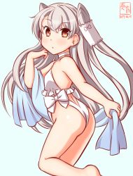 Rule 34 | 1girl, amatsukaze (kancolle), artist logo, ass, blue background, brown eyes, casual one-piece swimsuit, choker, cosplay, cowboy shot, dated, frilled one-piece swimsuit, frilled swimsuit, frills, hair tubes, highleg, highleg swimsuit, kanon (kurogane knights), kantai collection, long hair, looking at viewer, one-hour drawing challenge, one-piece swimsuit, sagiri (kancolle), sagiri (kancolle) (cosplay), shawl, simple background, solo, swimsuit, two side up, white background, white choker, white hair, white one-piece swimsuit