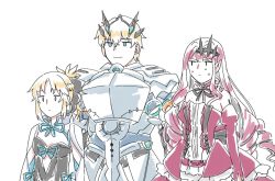 Rule 34 | 1boy, 2girls, armor, baobhan sith (fate), baobhan sith (first ascension) (fate), barghest (fate), barghest (fate) (cosplay), barghest (first ascension) (fate), blank stare, blonde hair, bow, cosplay, dress, fate/grand order, fate (series), gawain (fate), mordred (fate), mordred (fate/apocrypha), morgan le fay (fate), morgan le fay (fate) (cosplay), multiple girls, pe6n1, pink hair, pointy ears, ponytail, red dress, smile, sweat, white background