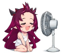 Rule 34 | 1girl, barefoot, chibi, closed eyes, dasdokter, electric fan, fang, hololive, hololive english, horns, hot, irys (hololive), long hair, panties, pointy ears, purple hair, sitting, striped clothes, striped panties, sweat, tank top, underwear, virtual youtuber, wariza, wind