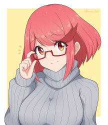 Rule 34 | 1girl, absurdres, adjusting eyewear, artist name, border, closed mouth, commentary request, glasses, grey sweater, hand up, highres, long sleeves, looking at viewer, portrait, pyra (xenoblade), red-framed eyewear, red eyes, red hair, ribbed sweater, ryochan96154, semi-rimless eyewear, short hair, smile, solo, sweater, swept bangs, turtleneck, turtleneck sweater, white border, xenoblade chronicles (series), xenoblade chronicles 2, yellow background