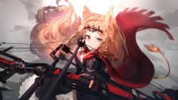 Rule 34 | 1girl, absurdres, aiming, animal ears, archery shooting glove, archetto (arknights), arknights, arrow (projectile), backlighting, black dress, black gloves, blonde hair, bow (weapon), breasts, cape, circlet, dress, gloves, heterochromia, highres, holding, holding bow (weapon), holding weapon, huge filesize, long hair, looking at viewer, medium breasts, partially fingerless gloves, purple eyes, red cape, red eyes, ribiadan, signature, solo, tail, v-shaped eyebrows, very long hair, weapon