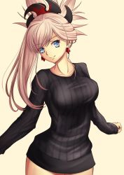 Rule 34 | 1girl, beige background, black sweater, blue eyes, breasts, brown hair, closed mouth, collarbone, commentary request, earrings, fate/grand order, fate (series), hair between eyes, hair ornament, head tilt, highres, jewelry, long hair, long sleeves, medium breasts, mishiro (ixtlolton), miyamoto musashi (fate), ponytail, ribbed sweater, simple background, sleeves past wrists, smile, solo, standing, sweater
