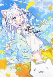 Rule 34 | 1girl, :d, animal ears, aqua hair, blue cardigan, blue eyes, blue hair, breasts, cardigan, cat ears, cat girl, cat tail, dress, field, flower, flower field, highres, indie virtual youtuber, jewelry, light blue hair, long hair, long sleeves, looking at viewer, multicolored hair, necklace, nekono shiyu, off shoulder, open cardigan, open clothes, open mouth, oversized clothes, paw pendant, second-party source, shuu (syuuuuuuuuuu), sleeves past fingers, sleeves past wrists, small breasts, smile, streaked hair, sundress, tail, two-tone hair, two side up, virtual youtuber, white dress, white hair, yellow flower