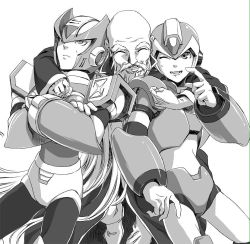 Rule 34 | 3boys, android, arm around shoulder, bald, beard, crossed arms, dr. cain (mega man), closed eyes, facial hair, fujino yuuki, gloves, greyscale, helmet, long hair, male focus, mega man (series), mega man x (series), monochrome, multiple boys, old, old man, one eye closed, open mouth, smile, teeth, white background, white gloves, x (mega man), zero (mega man)