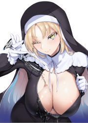 Rule 34 | 1girl, absurdres, black dress, blonde hair, breasts, cleavage, cocktail glass, cup, dress, drinking glass, enryuu (rmxs3488), from above, gloves, highres, holding, holding cup, large breasts, long hair, looking at viewer, nijisanji, nun, one eye closed, partially unzipped, pouring, pouring onto self, pulled by self, simple background, sister claire, sister claire (1st costume), solo, virtual youtuber, white background, white gloves, yellow eyes