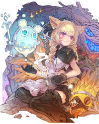 Rule 34 | 1girl, animal ear fluff, animal ears, black bow, black footwear, black gloves, black skirt, blonde hair, blue flower, blush, boots, bow, chocobo, closed eyes, closed mouth, commentary request, commission, cup, dress, facial mark, final fantasy, final fantasy xiv, flower, gloves, haku (sabosoda), highres, holding, holding cup, long hair, looking away, looking to the side, miqo&#039;te, mug, red eyes, short sleeves, shrug (clothing), skeb commission, skirt, sleeping, smile, solo, steam, thigh boots, whisker markings, white dress