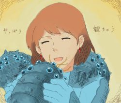 Rule 34 | 1980s (style), 1girl, bad drawr id, bad id, brown hair, closed eyes, earrings, gloves, holding, holding up, jewelry, kaze no tani no nausicaa, lying, nao-08, nausicaa, ohmu, oldschool, on back, open mouth, retro artstyle, short hair, sketch, smile, translated