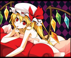 Rule 34 | 1girl, ass, casual nudity, couch, embodiment of scarlet devil, female focus, finger to mouth, flandre scarlet, hat, looking at viewer, lying, nail polish, nude, on stomach, pointy ears, ponytail, red eyes, red nails, reina (black spider), short hair, side ponytail, solo, touhou, wings