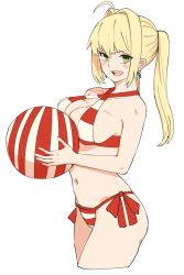 Rule 34 | &gt;:d, 1girl, :d, ahoge, ball, beachball, bikini, blonde hair, blush, breasts, cleavage, cowboy shot, criss-cross halter, cropped legs, earrings, fate/grand order, fate (series), from side, green eyes, hair intakes, halterneck, jewelry, large breasts, long hair, looking at viewer, michihasu, navel, nero claudius (fate), nero claudius (fate) (all), nero claudius (swimsuit caster) (fate), open mouth, simple background, smile, solo, striped bikini, striped clothes, swimsuit, twintails, v-shaped eyebrows, white background