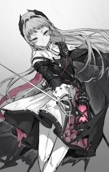 Rule 34 | 1girl, arknights, black dress, black gloves, cape, capelet, cross scar, dress, facial scar, gloves, hair lift, harness, headdress, highres, holding, holding sword, holding weapon, irene (arknights), lantern, layered skirt, long hair, long sleeves, looking at viewer, mo xiaoxue, oil lamp, partially colored, pink dress, pink pupils, pink scarf, scar, scar on cheek, scar on face, scarf, serious, skirt, solo, sword, torn clothes, weapon, white legwear