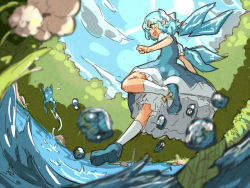 Rule 34 | 1girl, bloomers, blue dress, blue eyes, blue hair, blue sky, bow, cirno, cloud, day, dress, flower, frog, hair bow, jumping, matching hair/eyes, open mouth, shibasaki shouji, sky, smile, solo, touhou, underwear, upskirt, water, wings