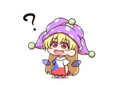 Rule 34 | 1girl, ?, american flag pants, american flag print, blonde hair, blush stickers, chibi, clownpiece, czech flag, dress, drooling, fairy wings, full body, hair between eyes, hat, highres, jester cap, long hair, looking away, neck ruff, no shoes, open mouth, pants, pink eyes, polka dot, print pants, purple hat, shadow, shitacemayo, short sleeves, simple background, smile, solo, standing, star (symbol), star print, striped clothes, striped pants, touhou, very long hair, white background, wings