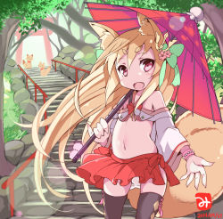Rule 34 | 10s, 1girl, 2014, animal ears, bad id, bad pixiv id, black thighhighs, brown eyes, brown hair, character request, dated, fang, fox, fox ears, highres, japanese clothes, long hair, miko, miniskirt, miotama, navel, outdoors, panties, pantyshot, skirt, smile, solo, stairs, tail, thighhighs, tree, umbrella, underwear, upskirt, white panties, wind, wind lift