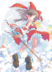 Rule 34 | 1girl, absurdres, ass peek, bobby socks, bow, breasts, brown eyes, brown hair, detached sleeves, dress, flat chest, frills, gohei, hair bow, hair tubes, hakurei reimu, highres, looking back, no bra, pop (electromagneticwave), red bow, red dress, shoes, short hair, sideboob, small breasts, smile, socks, solo, touhou, upskirt