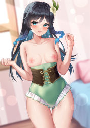 Rule 34 | 1girl, adapted costume, alternate hair length, alternate hairstyle, aqua eyes, bad id, bad pixiv id, bare arms, bedroom, black hair, blue hair, blurry, blush, bokeh, braid, breasts, collarbone, colored inner hair, corset, covered navel, cowboy shot, cross-laced clothes, depth of field, dutch angle, eric (tianqijiang), flower, frilled swimsuit, frills, genderswap, genderswap (mtf), genshin impact, gradient hair, green one-piece swimsuit, halterneck, hands up, highres, indoors, long hair, looking at viewer, multicolored hair, nipples, one-piece swimsuit, see-through, side braid, smile, streaked hair, swimsuit, swimsuit under clothes, thigh gap, topless, twin braids, venti (genshin impact), white flower, window